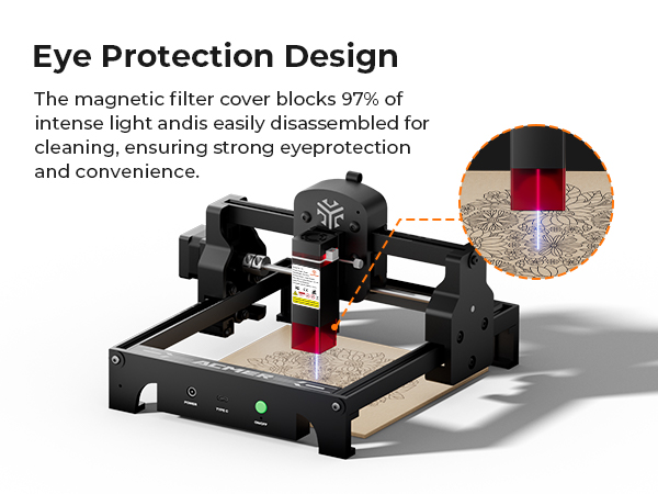 Text reads 'Eye Protection Design' and 'The magnetic filter cover blocks 97% of intense light and is easily disassembled for cleaning, ensuring strong eyeprotection and convenience.' Shows laser engraving machine with protective cover.