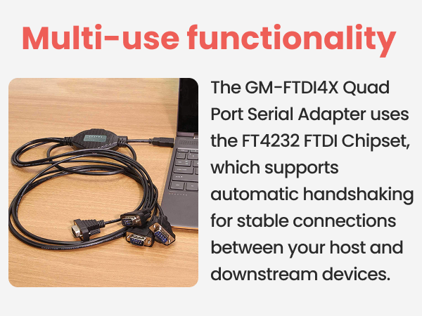Multi-use quad port serial adapter with FTDI chipset, USB to RS232 solution for stable device