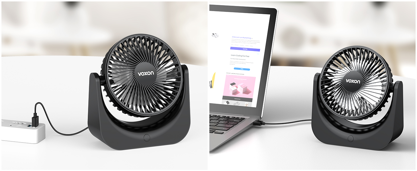 Compact black desk fan with adjustable tilt, shown in two positions next to a laptop for scale. USB-powered for portable use.