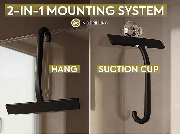 Black squeegee for shower glass with hang and suction cup mount options