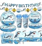 Shark Party Supplies, 142Pcs Shark Birthday Tableware Set Includes Shark Birthday Plates and Napk...