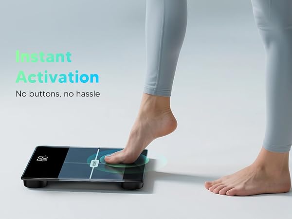 Digital scales for body weight with step-on activation, no buttons required