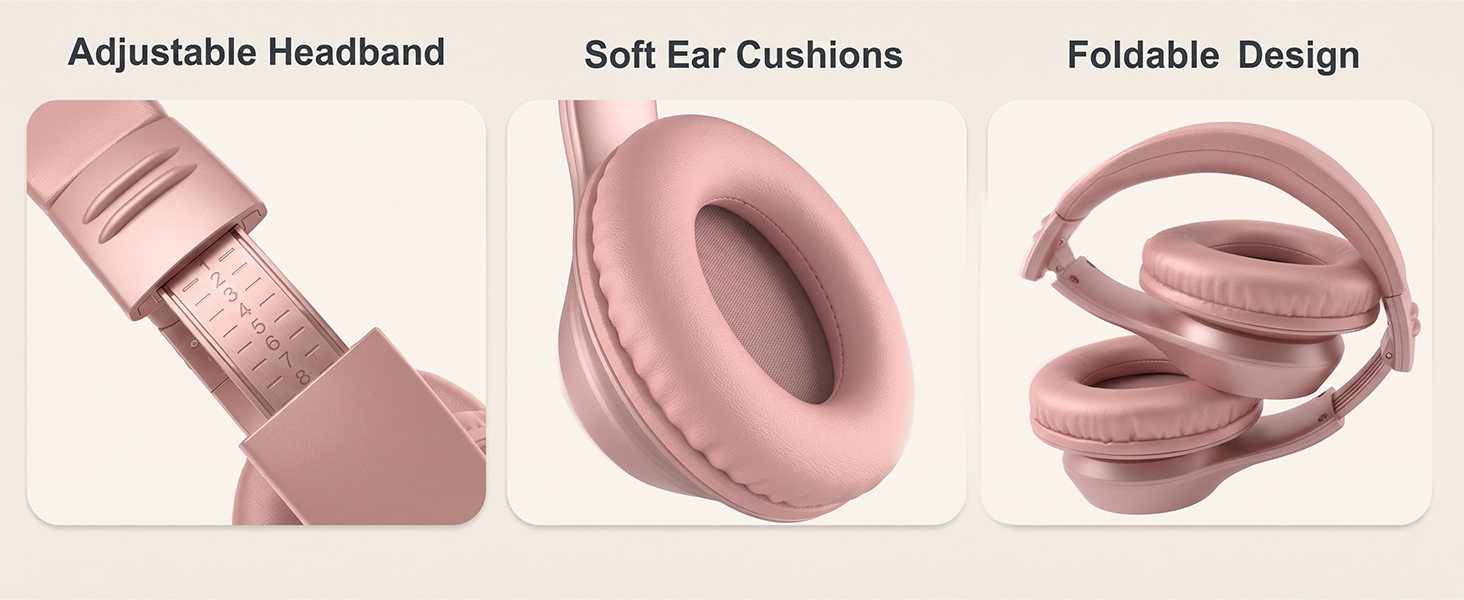 Adjustable headband, soft ear cushions, and portable foldable design.