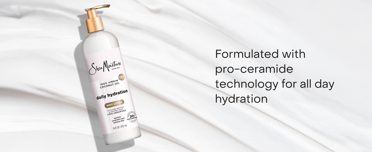 SheaMoisture Body Lotion next to text about 24H hydration with the pro-ceramide formula.