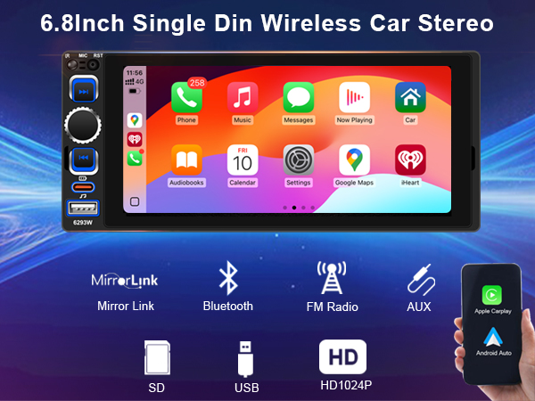 6.8inch single din car stereo