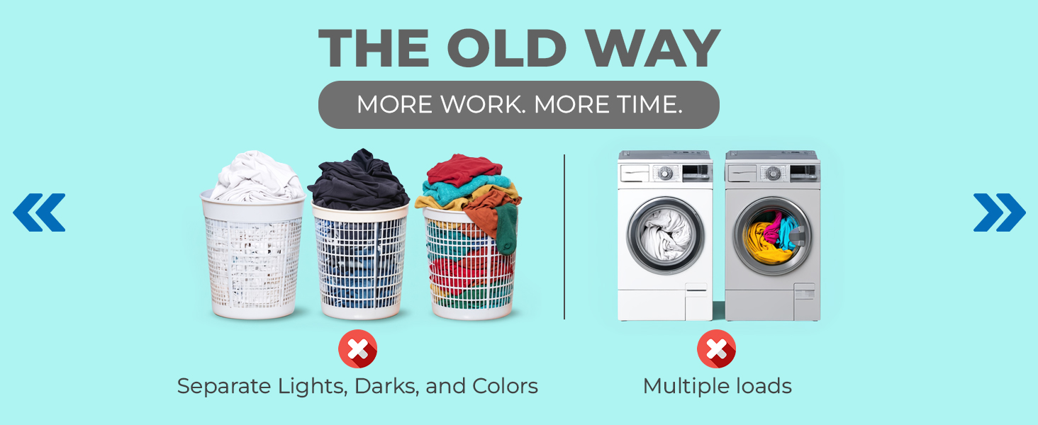 Traditional laundry sorting requires separating colors and running multiple wash loads