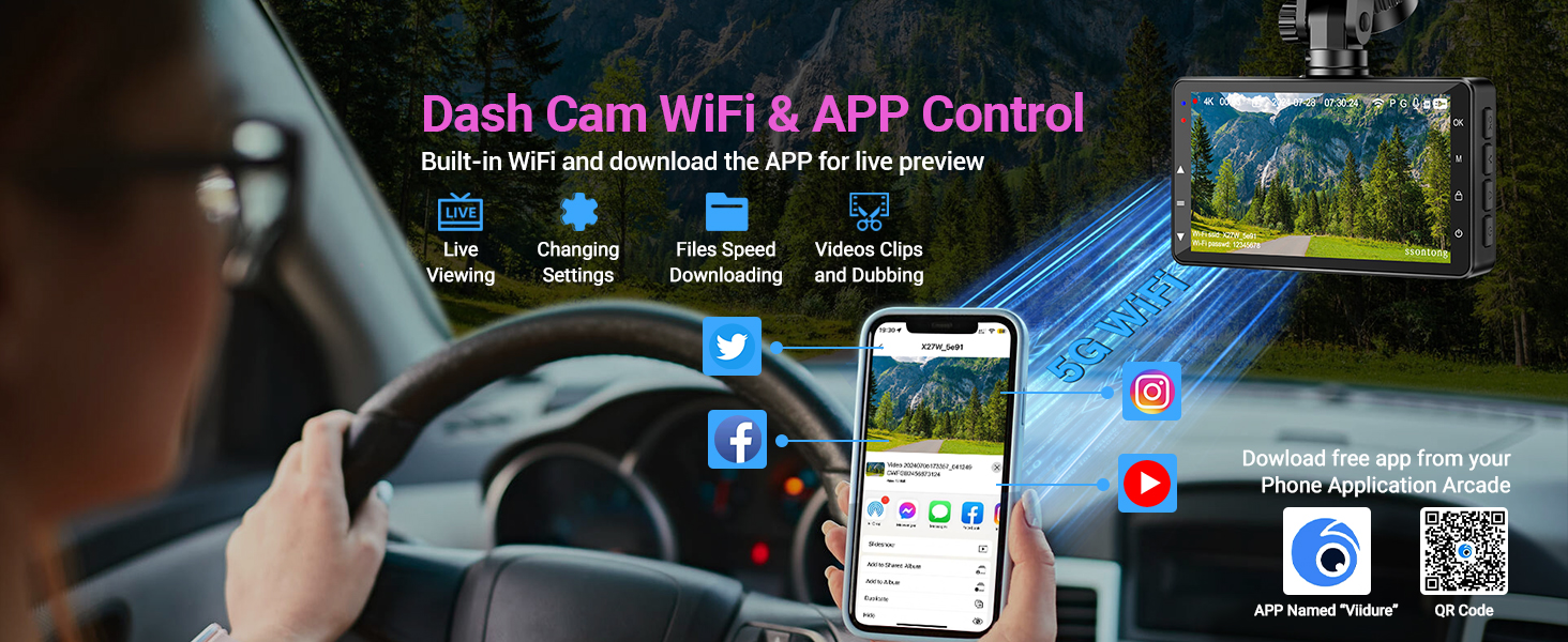 Dashboard camera interface showing WiFi and app control features, with smartphone connectivity display and live view monitoring capabilities on both phone and camera screen.