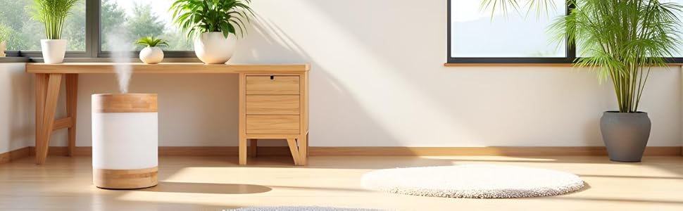 Elegant humidifier on floor in empty room, releasing mist with minimal design