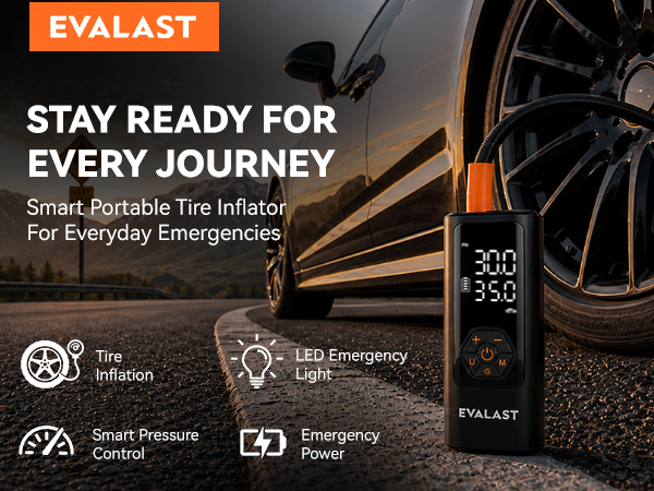 EVALAST portable tire inflator connected to a passenger car tire for roadside emergencies.
