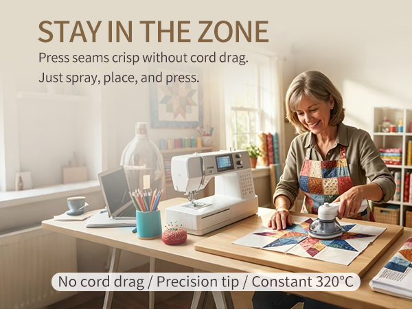 Press seams crisp without cord drag. Just spray, place, and press. No cord drag/Precision