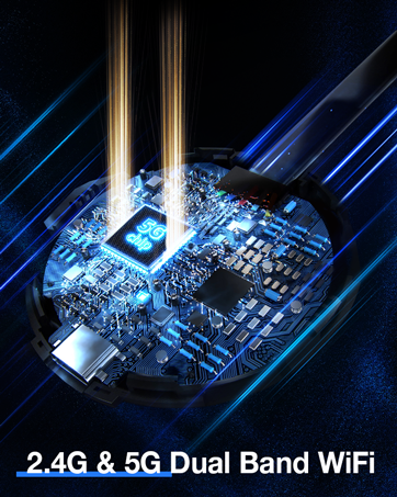 Technical illustration of a dual-band WiFi circuit board with 2.4G &amp; 5G capability, showing illuminated components and data transmission beams.