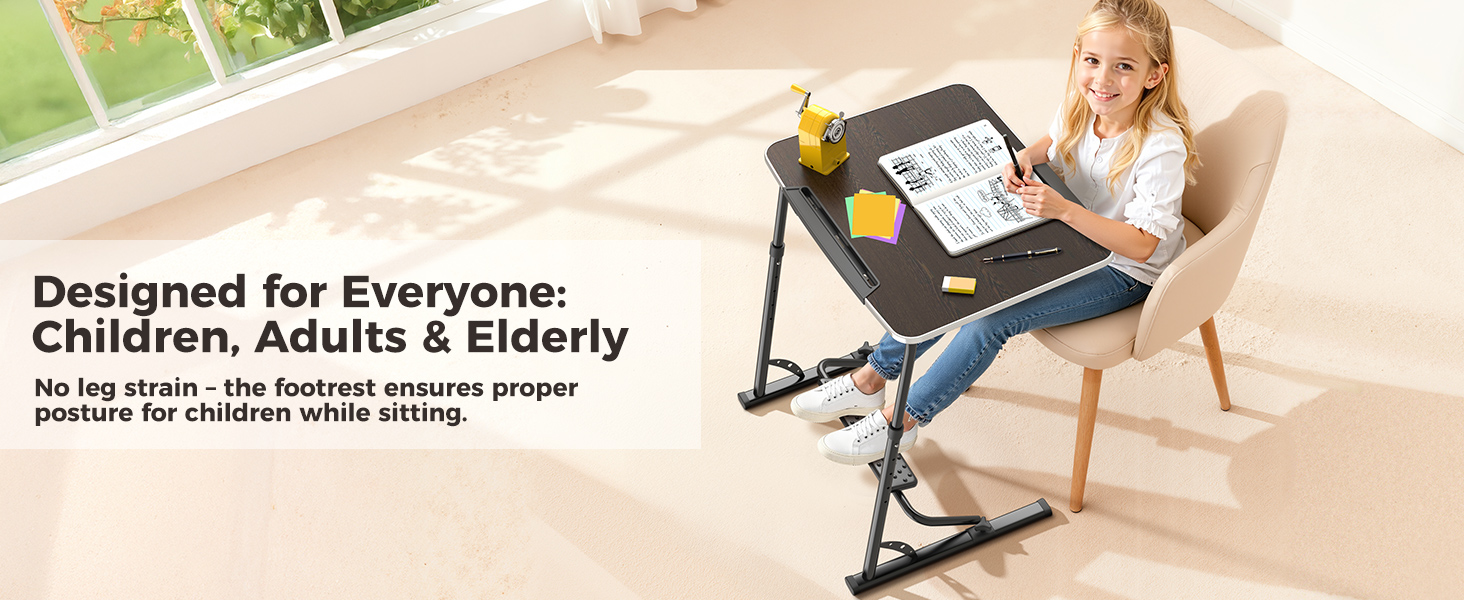 Child studying at adjustable folding computer desk with footrest for proper posture.