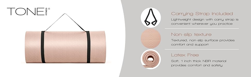 TONE Fitness yoga and pilates mat with carry strap features