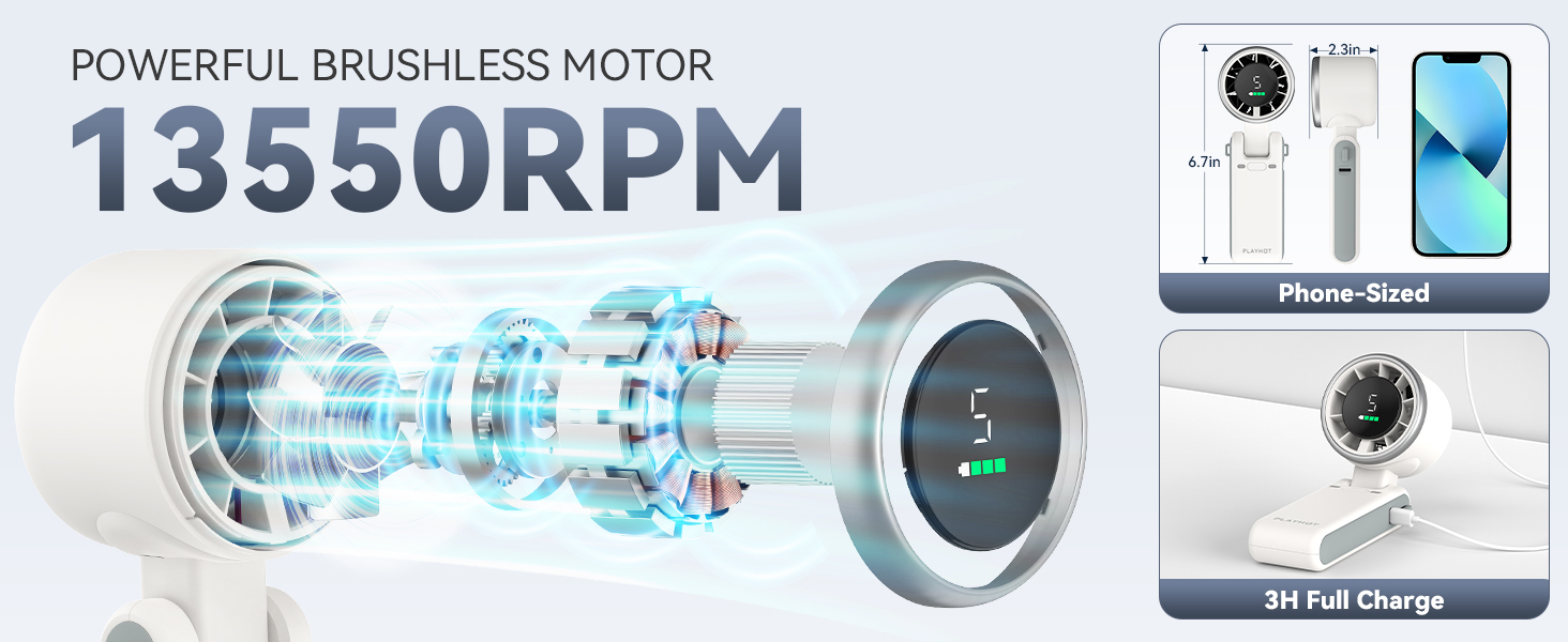 Powerful small fan brushless motor phone sized portable fan for travel compact white travel fans