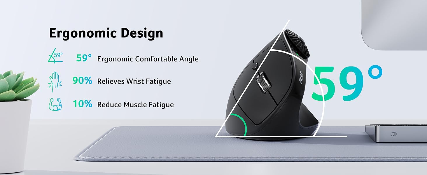 Text reads 'Ergonomic Design'. Technical diagram showing various angles and measurements, including '59°', with blue and teal graphical elements.