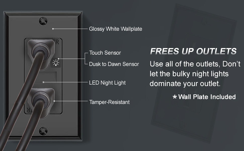 Black Receptacle Outlet with Night Light,Tamper-Resistant,15A,2 Pole,Standard Electrical Outlets 