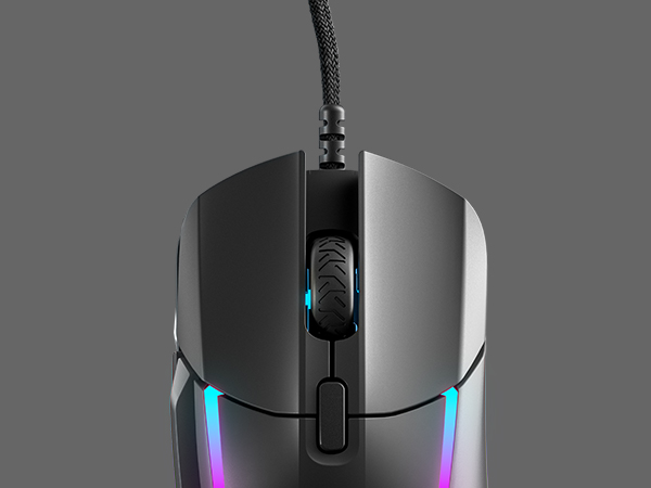 -Top side of SteelSeries Rival 5 mouse on plain background