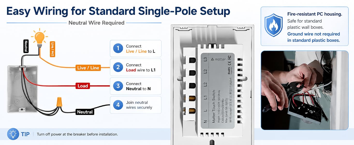 Matter Smart Touch Switch single-pole setup wiring diagram