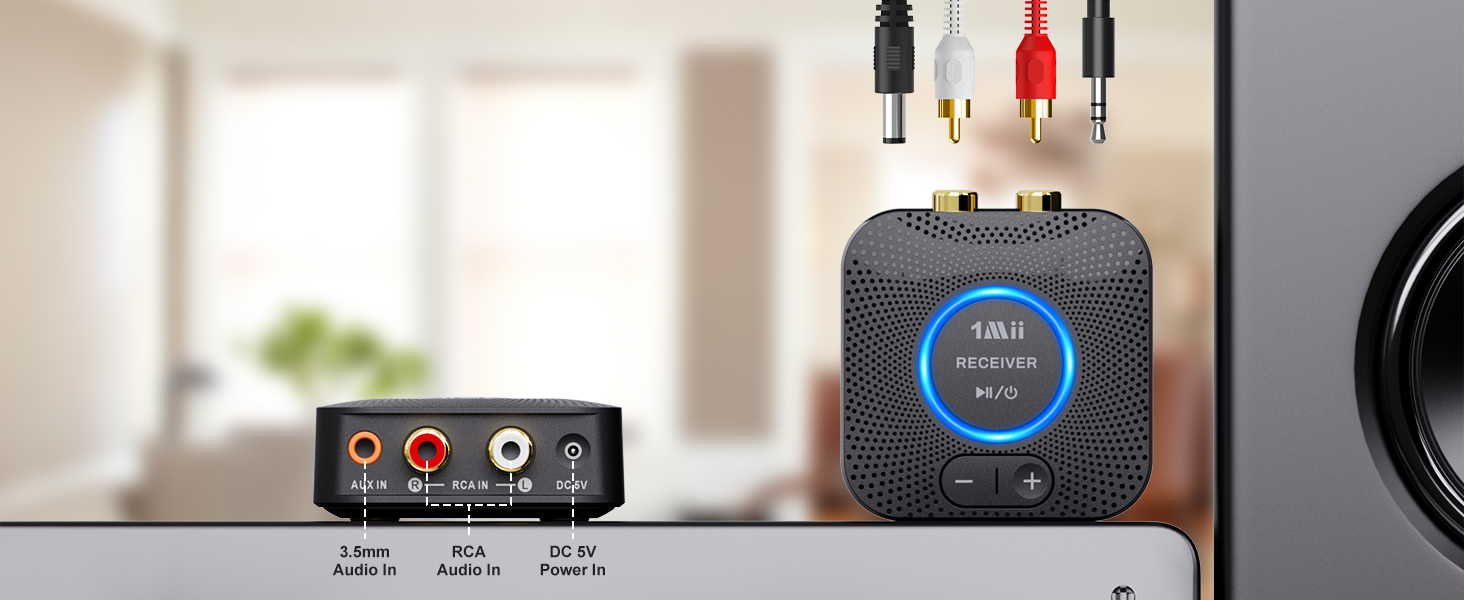Audio equipment setup showing various connection ports and interfaces, including RCA inputs, power button, and volume controls against a light background.
