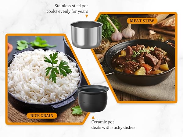 Ceramic pot conquers sticky disasters while stainless steel poy maintains perfect heat for decades