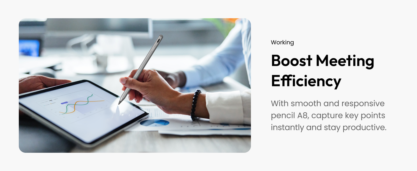 Text reads 'Boost Meeting Efficiency.' Business setting with notepads, pens, and hands writing during a meeting.
