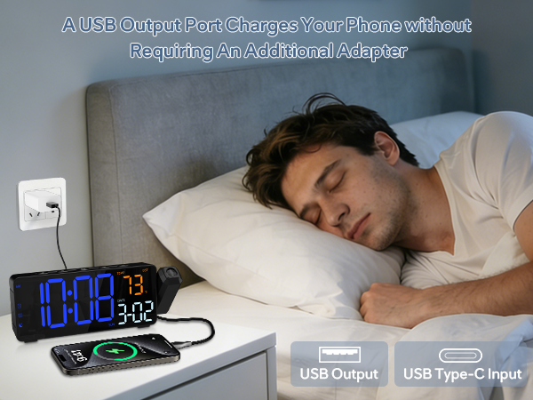 Text reads 'A USB Output PreCharges Your Phone without Requiring An Additional Adapter', 'USB Output', 'USB Type-C Input'. Digital alarm clock with blue LED display showing time, connected to charging phone.