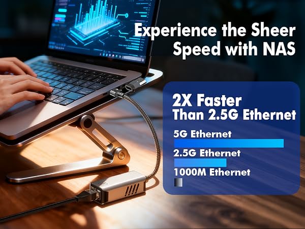 This 5Gbps USB-C to RJ45 network adapter is 2x faster than 2.5Gbps network speeds.
