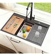 SHACO 33x22 Black Drop In Kitchen Sink, 33 Inch Topmount Gunmetal Black Stainless Steel Single Bo...