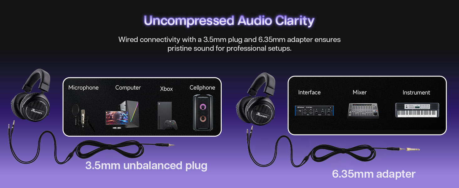 Over-ear headphones with detachable cable, 3.5mm unbalanced plug, and 6.35mm adapter. Image shows compatibility with various audio devices including microphones, cameras, and musical instruments.