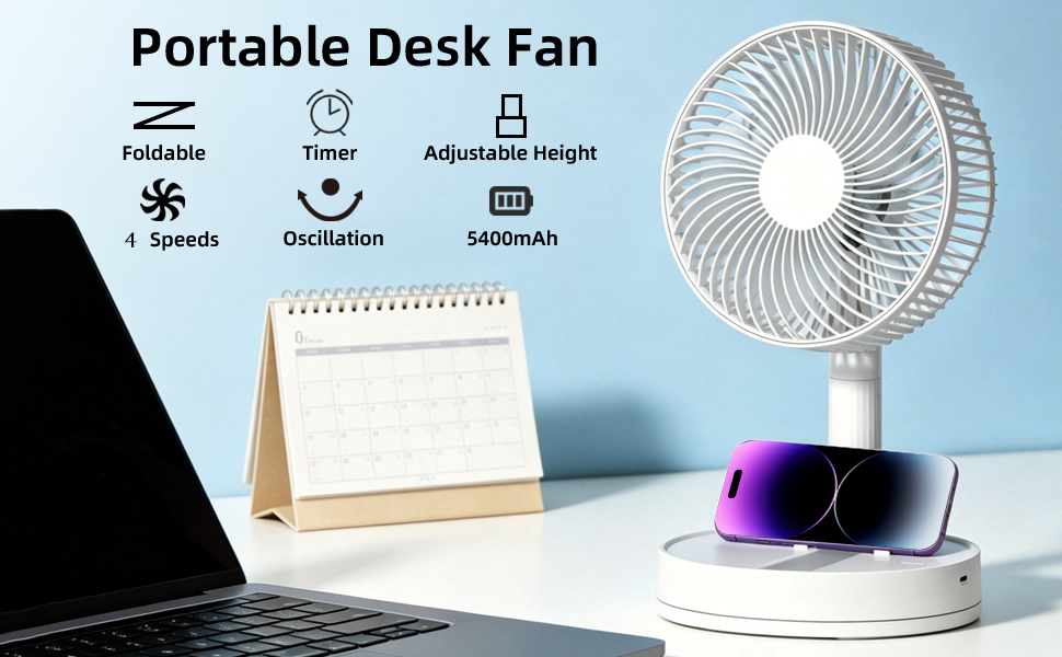 A white portable desk fan with a 5400mAh battery charging a phone on a desk.