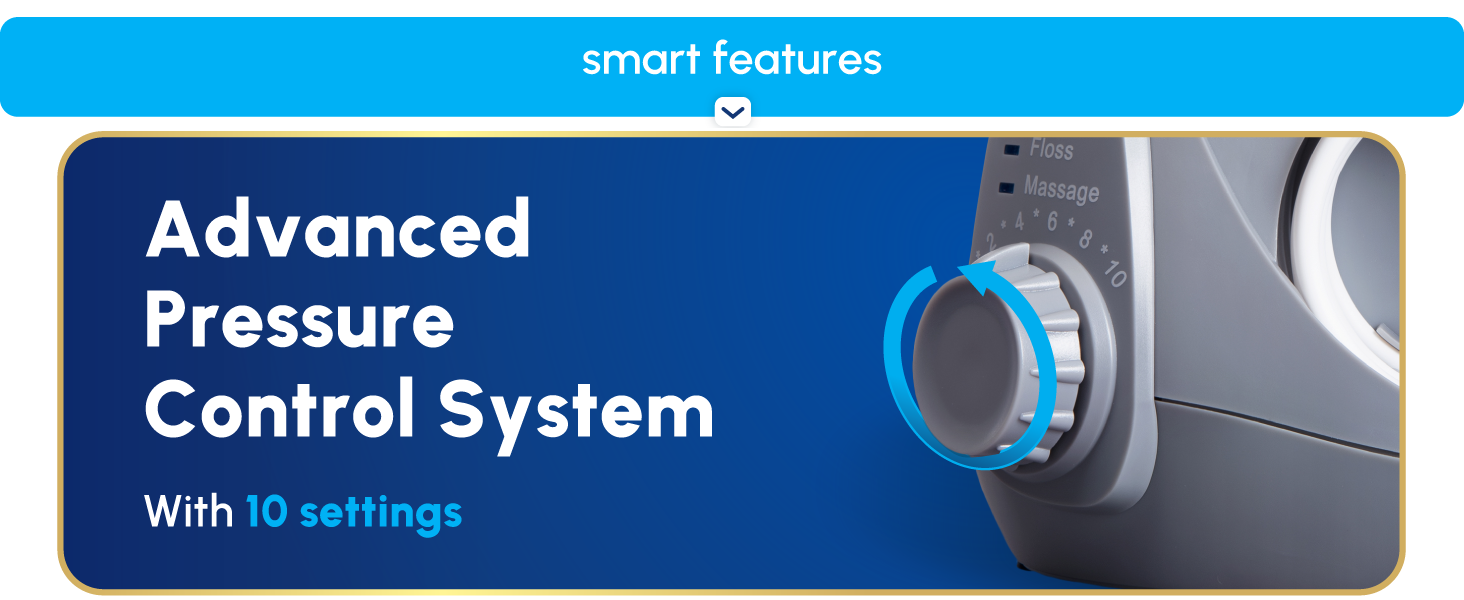 Image of Waterpik floss machine settings dial with text reading advanced pressure control system.