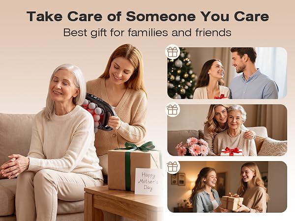 Woman uses a multi-head back massager with family gift scenes for Mother&amp;#39;s Day and friends.