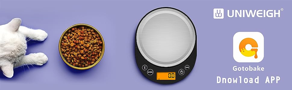 Digital kitchen scale with round weighing platform, LED display showing 0.0g, and a bowl of pet food nearby.