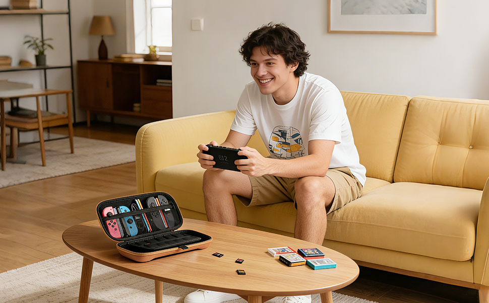 Living room setting showing gaming or entertainment setup with yellow couch and coffee table. Multiple panels show different viewing angles.