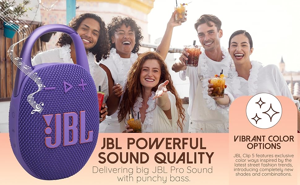 People enjoy music with JBL Clip 5 in purple, delivering powerful JBL Pro Sound, outdoors.