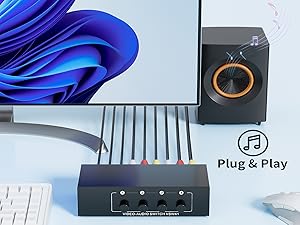 4 Way AV Switch 4 Input 1 Output RCA on off Selector Switch for Composite Audio and Video 4x1