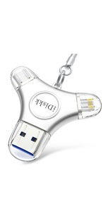 MFi Certified iDiskk 128GB Flash Drive for iPhone 17 16 iPad USB 3.0 Lightning Drive 4 in 1 Multi Fu...