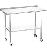 Atelicf All-Stainless Steel Prep Table, 24 x 48 Inch, with Rounded-Corner Backsplash, Casters and...