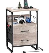 runjuly Nightstand with Drawers, Storage Night Stand with Charging Station Type C Port, Small Sid...