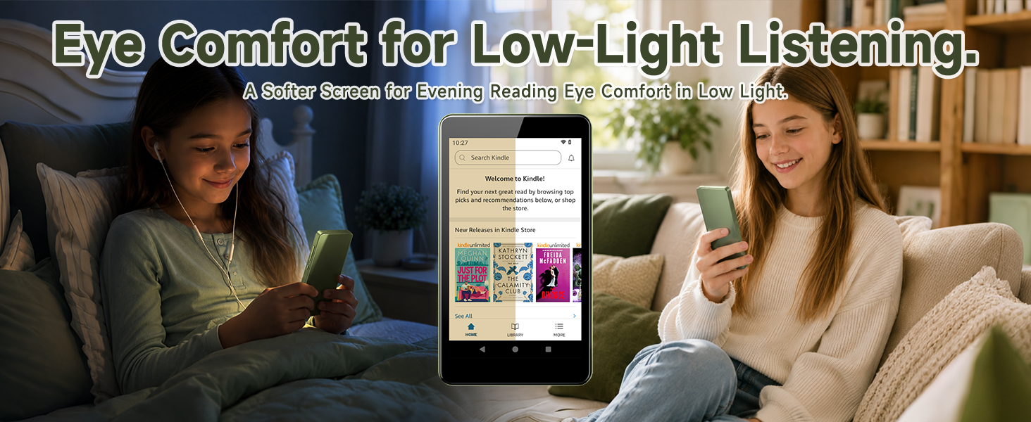 G4 with Kindle reading screen shown in dark and softly lit rooms for evening reading.