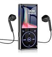 Slim black MP3 player with blue-lit touch controls and 1.5-inch display screen, shown with included black wired earbuds.