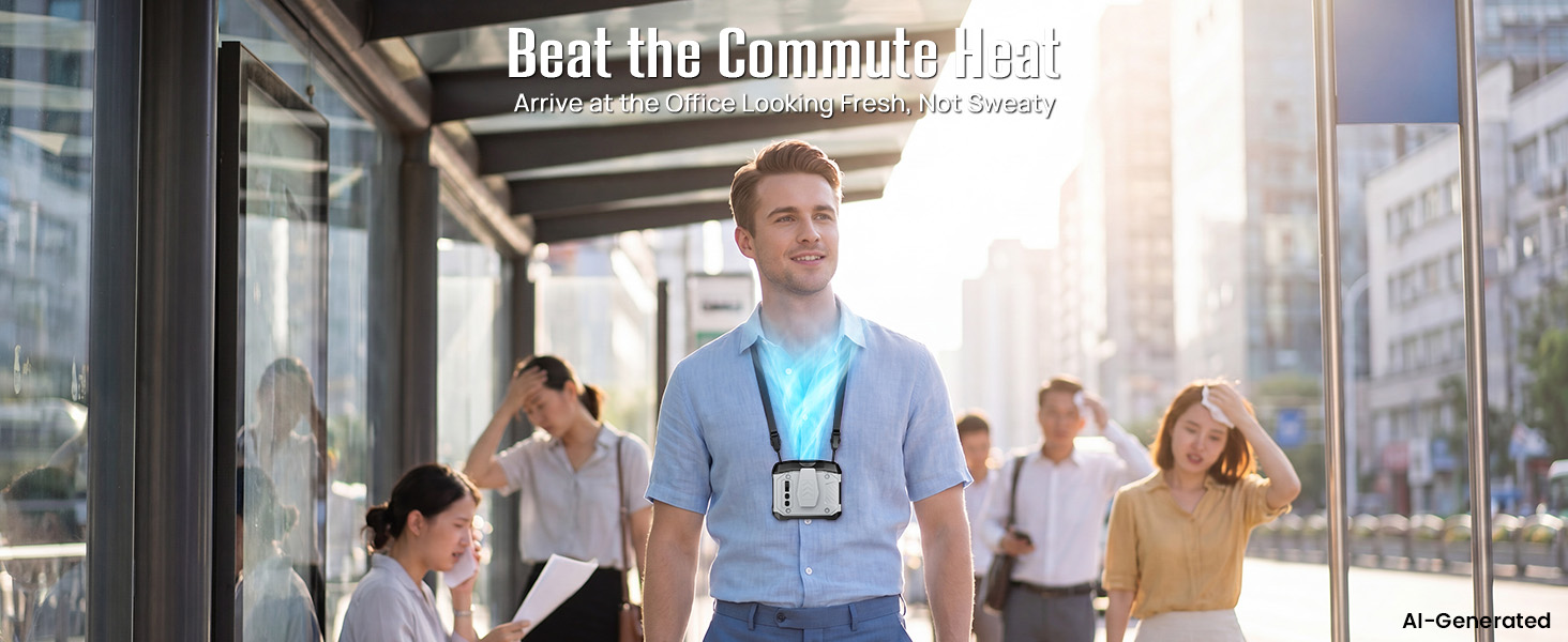 portable shirt fan gives personal cooling during hot bus stops, trains, and commutes