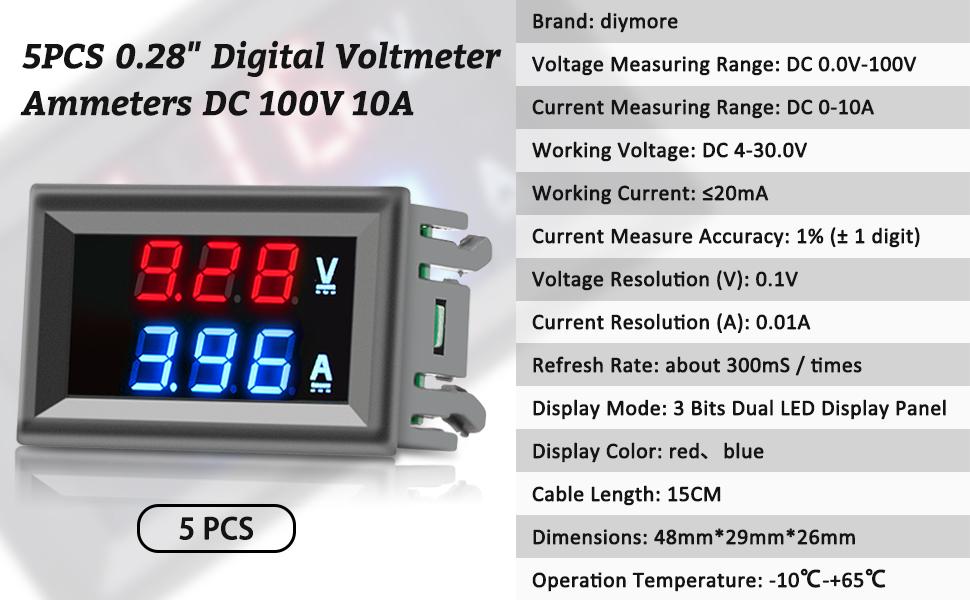 diymore 0.28" Digital Voltmeter Ammeter DC 100V 10A Amp Voltage Current Volt Amp Meter Tester 3 Bits