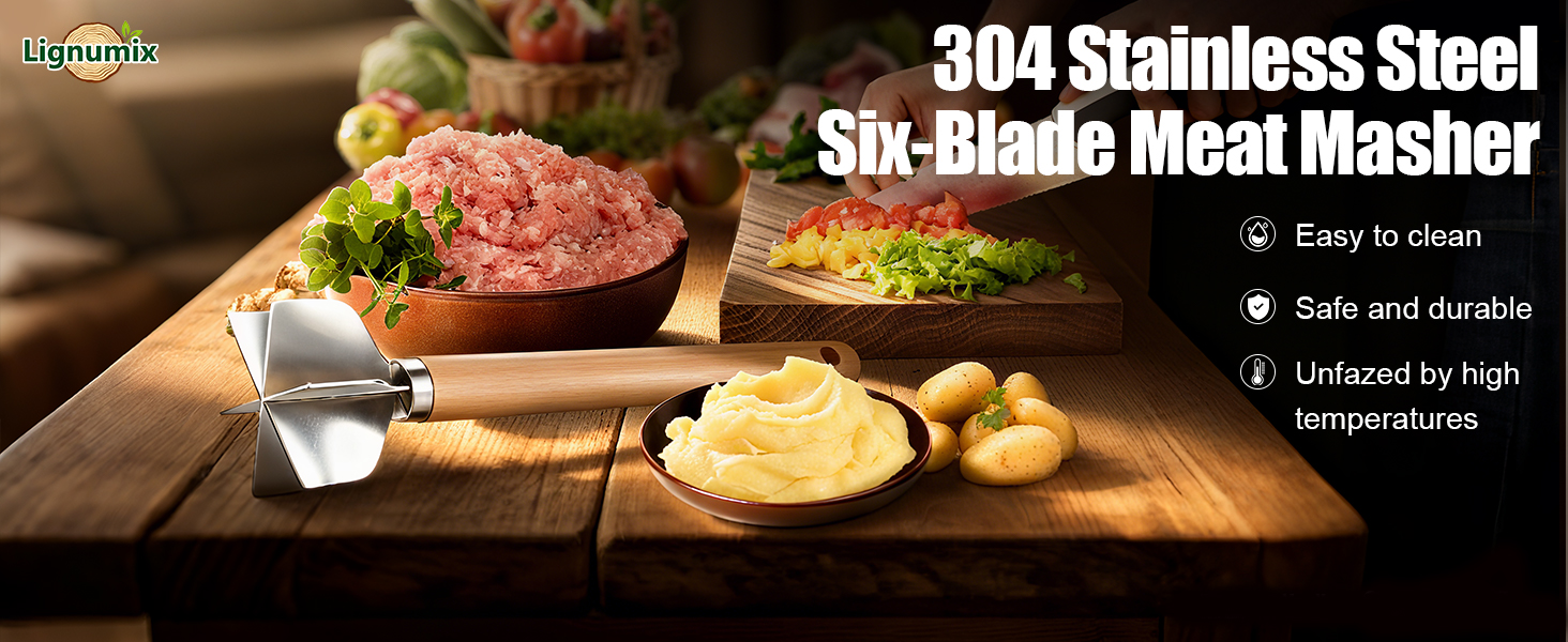304 Stainless Steel Meat Chopper FoodGrade 6-BladeGround BeefChopper Potato Masher Hamburger Smasher