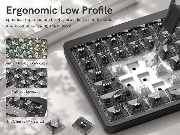Dark Grey Low Profile keycap Set,PC Clear Keycaps Jelly Style,Shine Through Custom Key caps