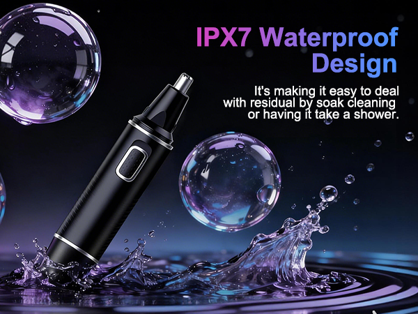 Text reads 'IPX7 Waterproof Design'. Series of product shots showing waterproof device with water splash effects and blue lighting against dark background.