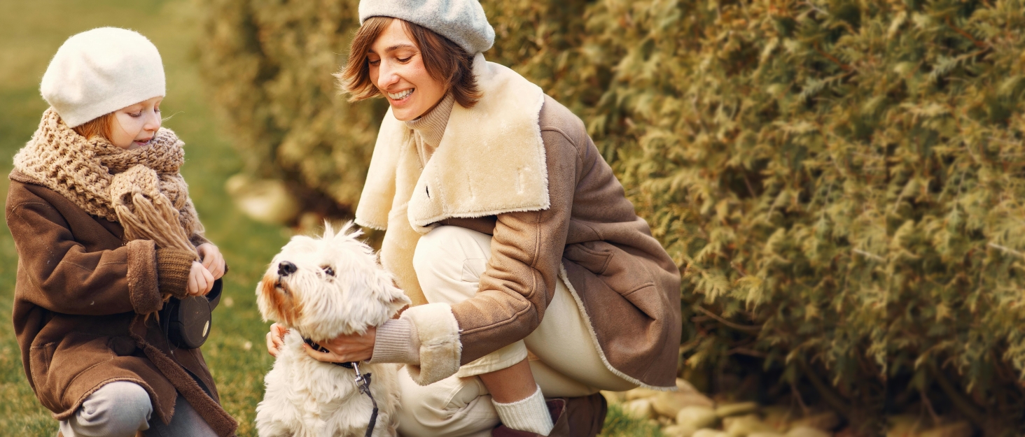 Outdoor scene with people and a white dog sitting together near green hedges on a winter day, wearing warm coats.