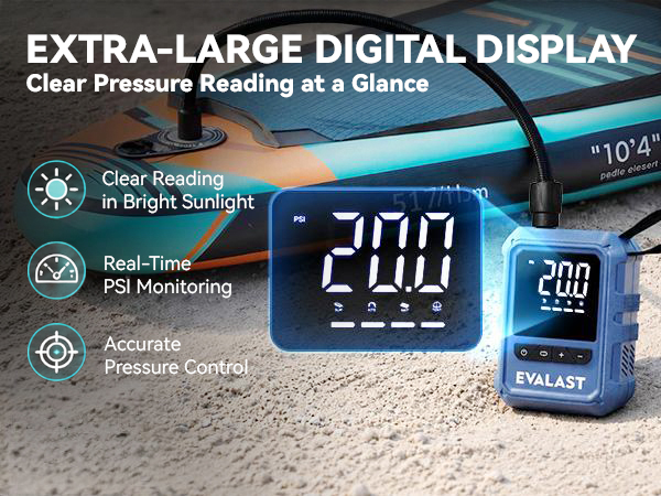 EVALAST electric SUP pump with a large digital pressure display beside an inflatable paddle board.
