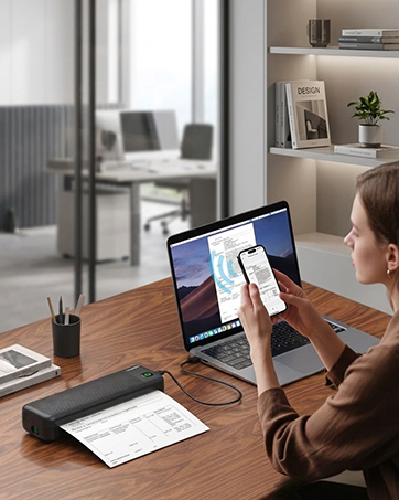 Woman at wooden desk using smartphone with laptop, displaying document. Office setting with shelving, window, and desk accessories visible in background.