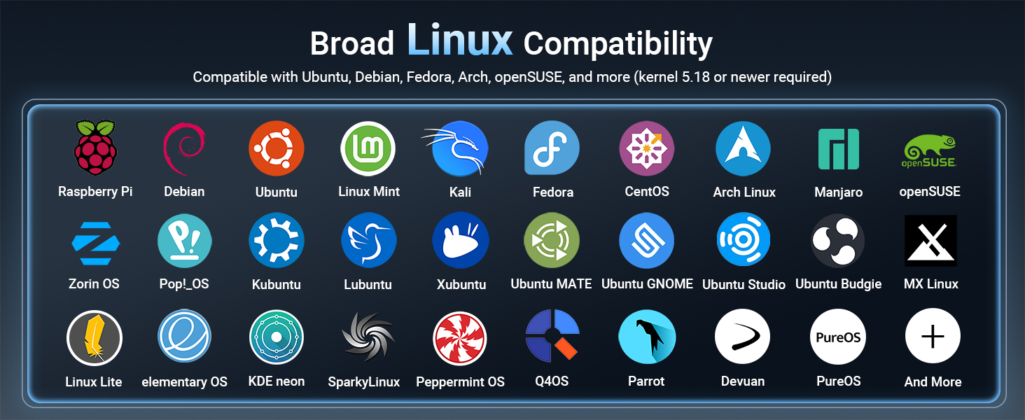 Logos of Linux Distros Supported by the Adapter Including Ubuntu Debian Fedora and More